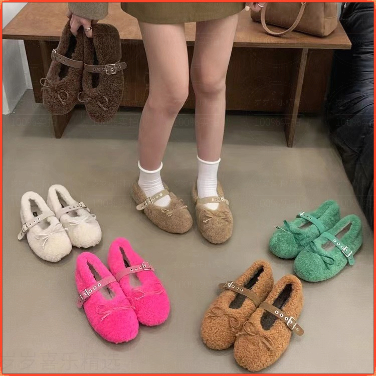 温柔风蝴蝶结毛绒毛毛鞋一字玛丽珍圆头加绒棉瓢鞋船鞋豆豆鞋女鞋