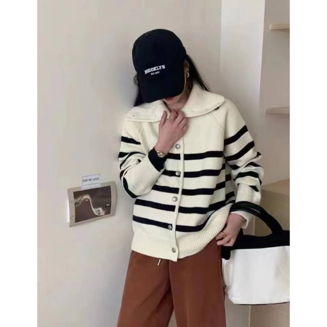 秋冬简约撞色条纹针织开衫复古慵懒风翻领显瘦女装毛衣上衣