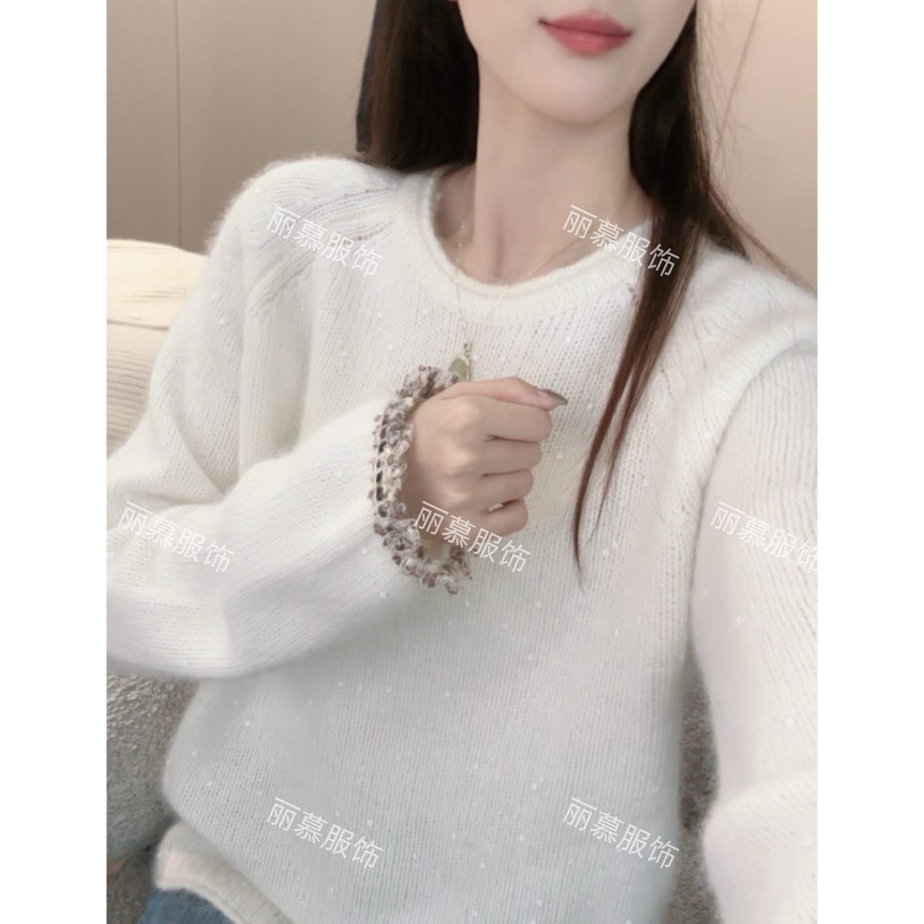 【亮片流苏袖】韩版设计感氛围宽松慵懒风亮片流苏袖针织套头8036