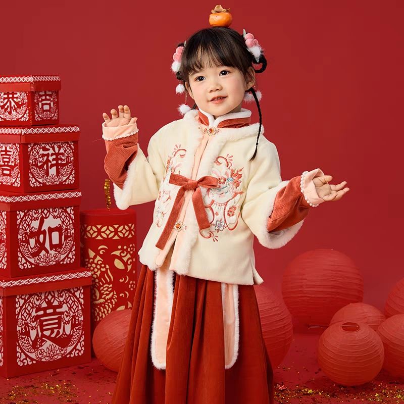 汉服女童冬装宝宝古风唐装明制套装小女孩喜庆红拜年服新年装过年