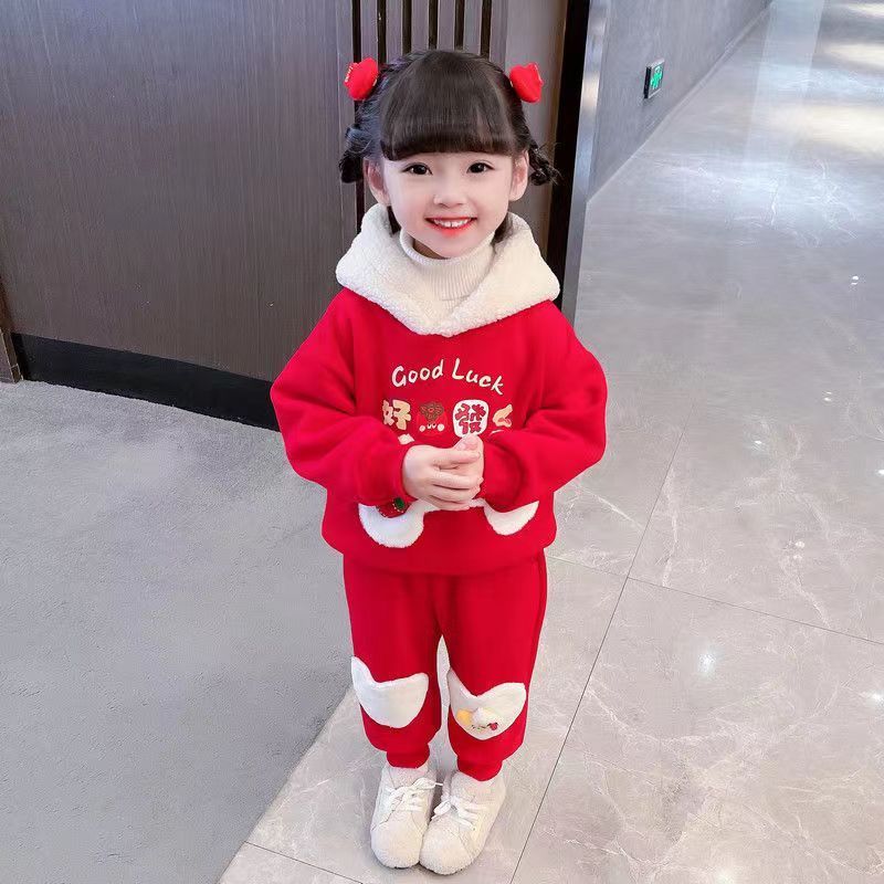 女童加绒套装2022新年服冬装新款洋气加厚宝宝休闲红色保暖拜年服