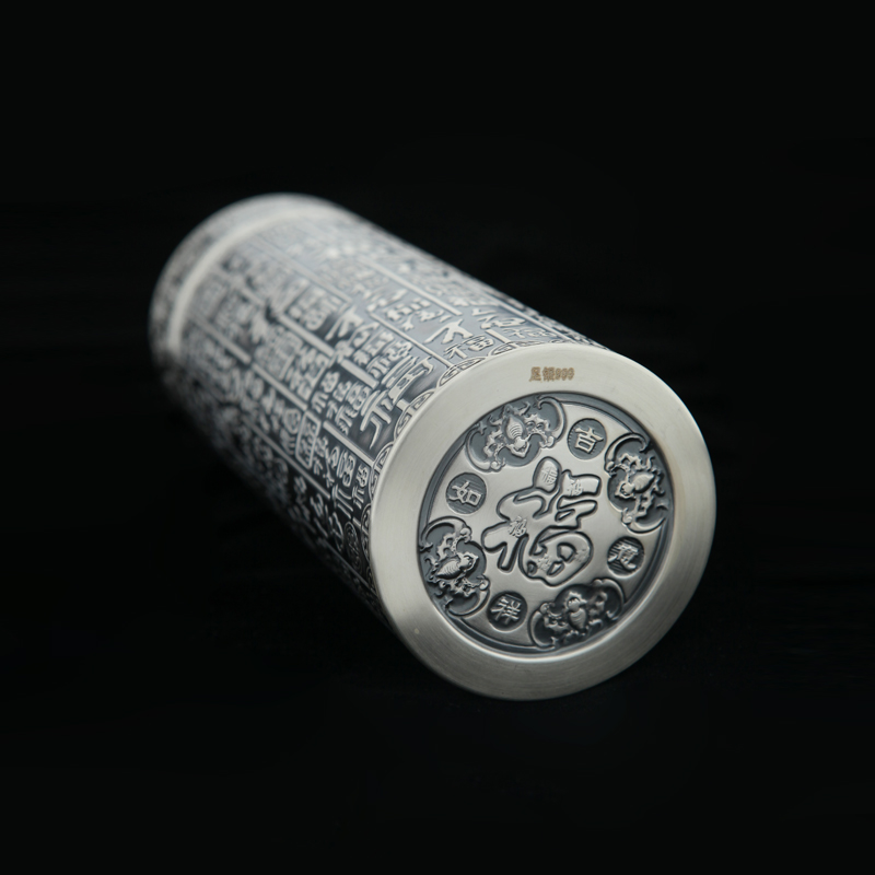 银杯子999纯银百福银杯水杯手工錾刻复古家用便携保温锤纹茶道