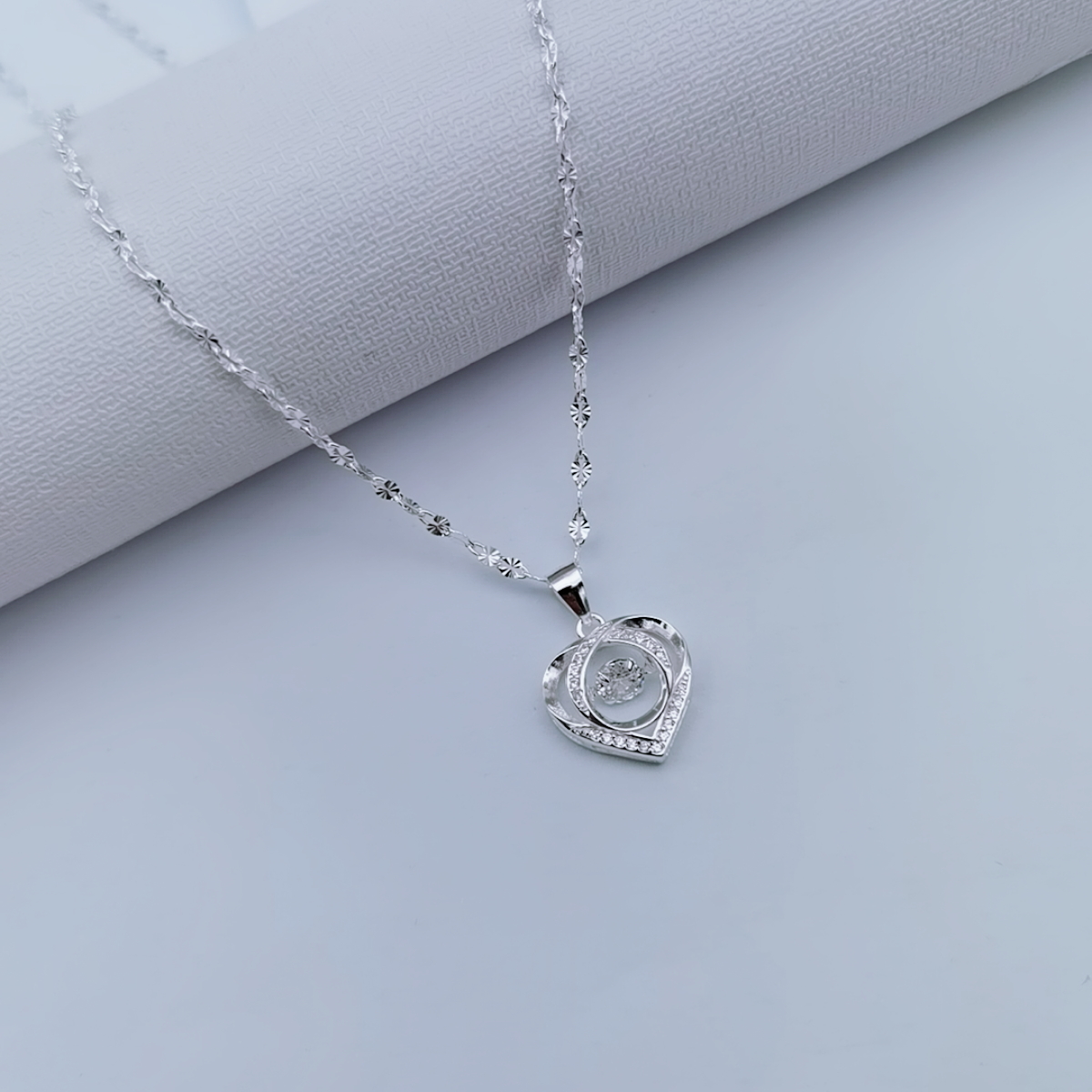 坠链均足银合成锆石 【桃心套链】足银9999雪花链纯银项链时尚50cm