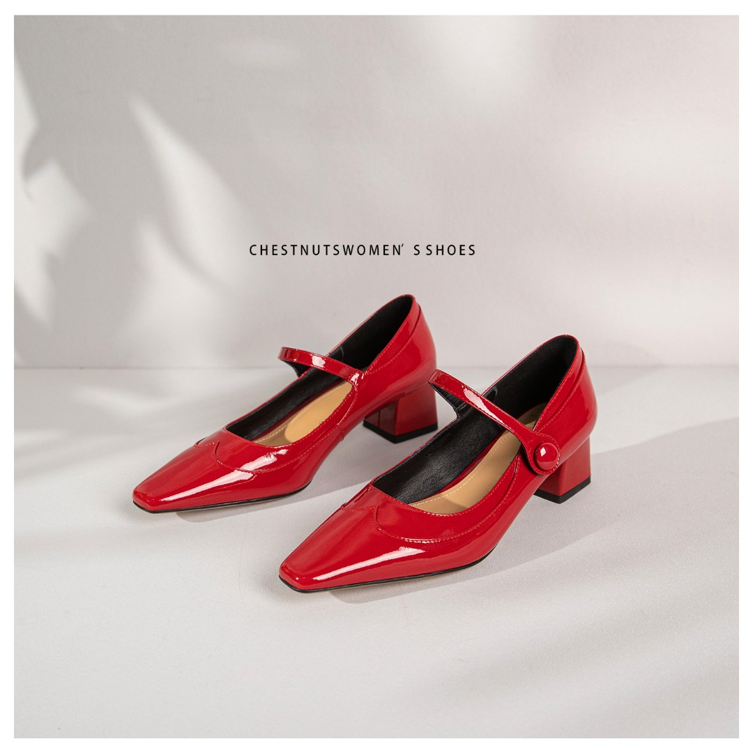 【栗子】质感玛丽珍粗跟方头红色细带魔术贴跟高4.5cm-1382