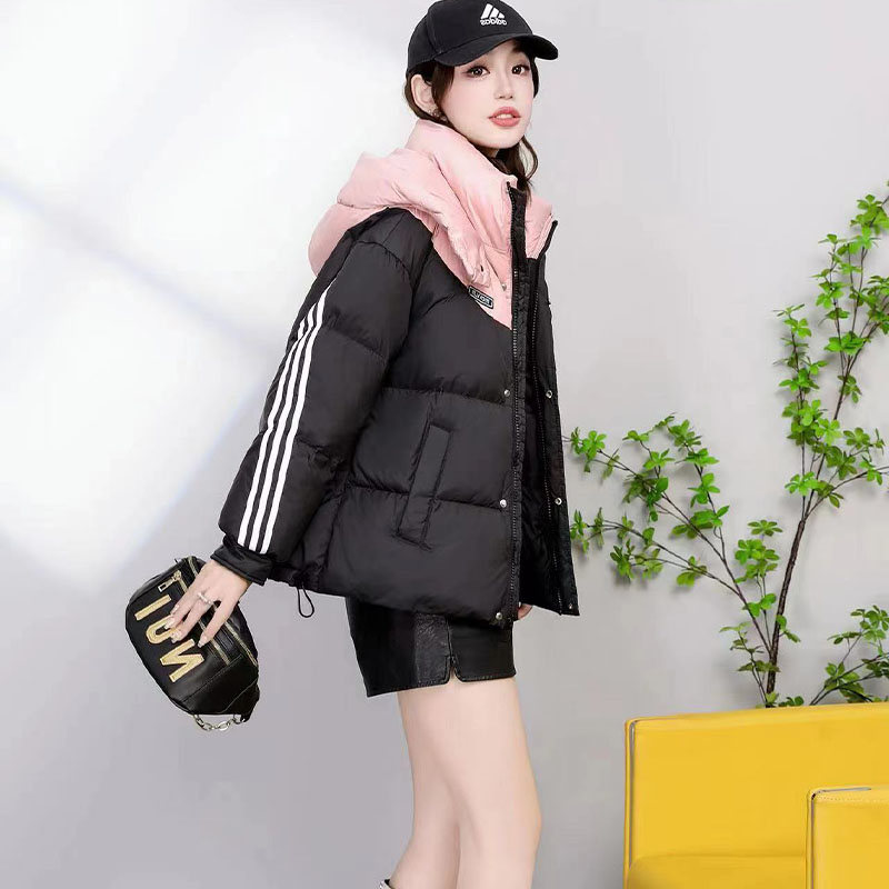 线下899！（女装）958 撞色拼接条纹袖子连帽羽绒服外套