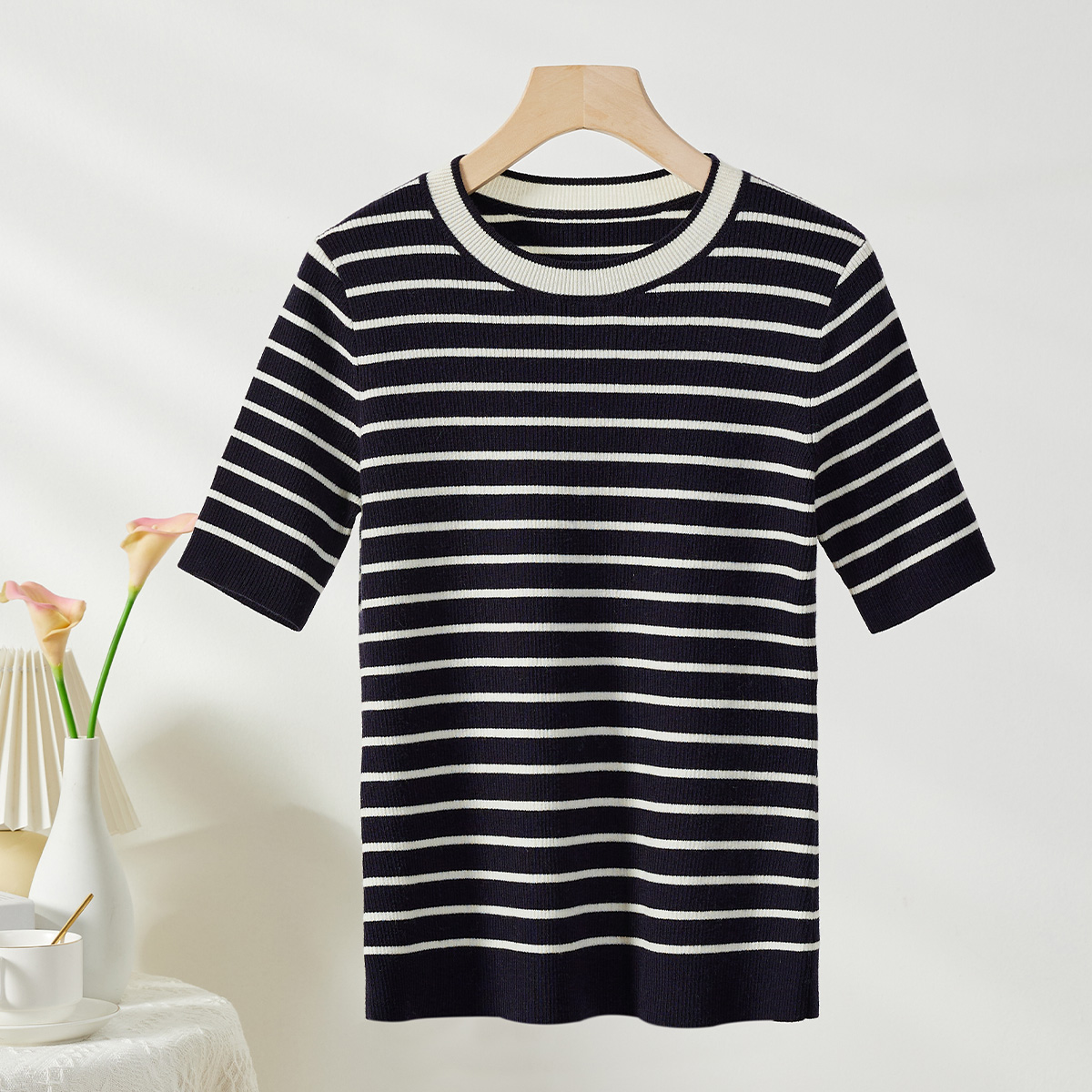 春竹品牌25夏季气质时尚简约条纹撞色圆领宽松短袖T恤气质女上衣