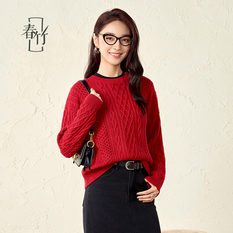 春竹100%纯羊毛2024冬季新款圆领女打底休闲百搭修身针织内搭毛衣