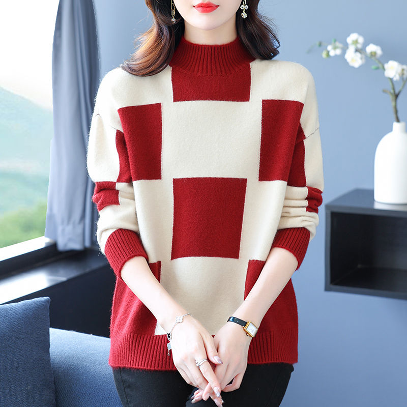 羊毛衫女秋冬新款半高领洋气拼色格子毛衣宽松套头羊绒针织打底衫