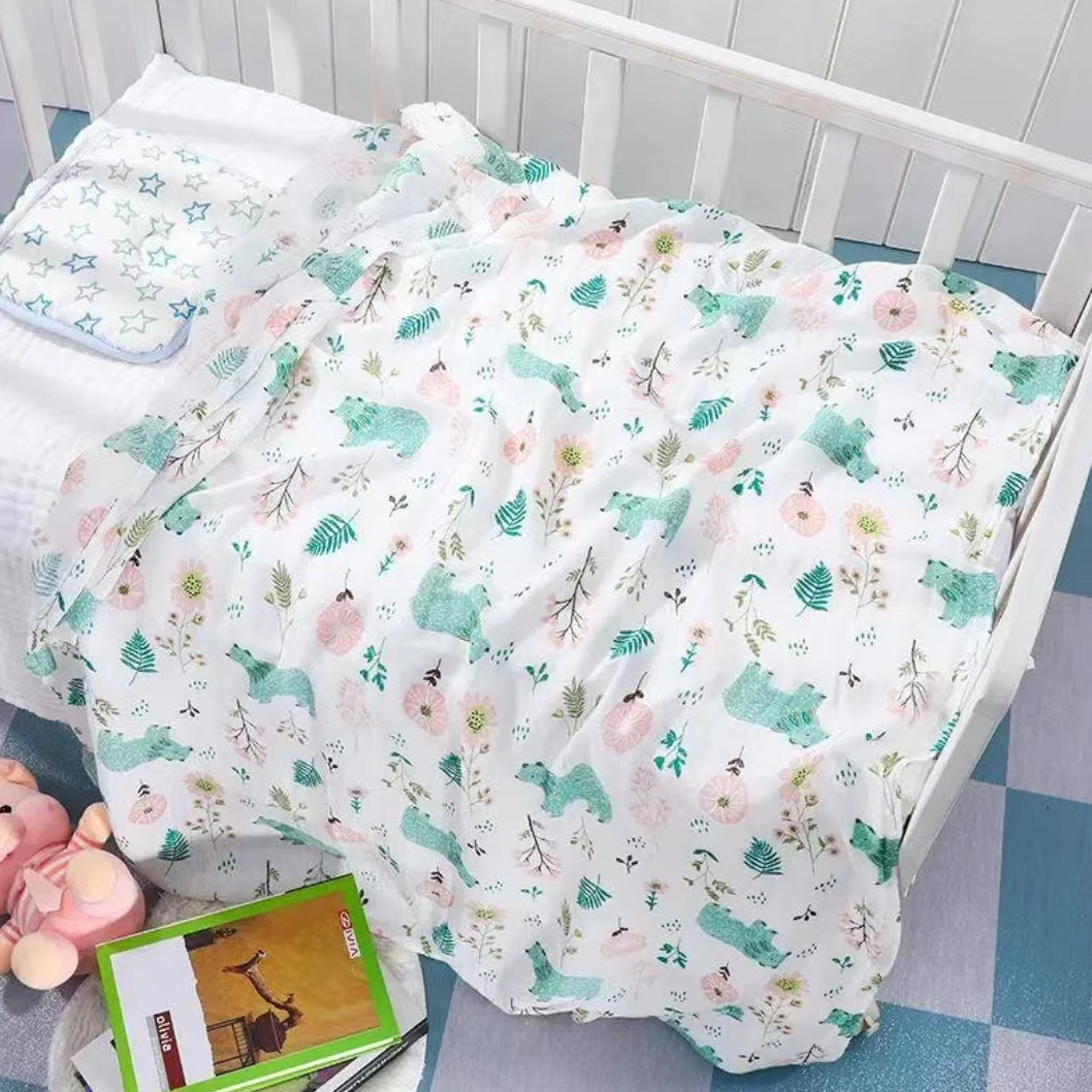 150*200cm草木染双层纱布头 花儿与熊