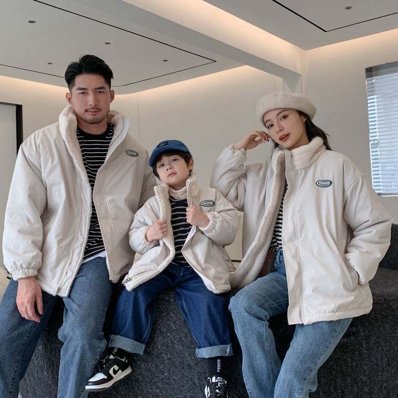 巴拉拉吧洋气亲子装加绒加厚两面穿家庭装一家三口外套母女母子冬