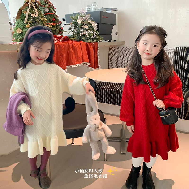 巴拉拉吧女童毛衣裙新年圣诞儿童针织麻花连衣裙秋冬装宝宝红色裙