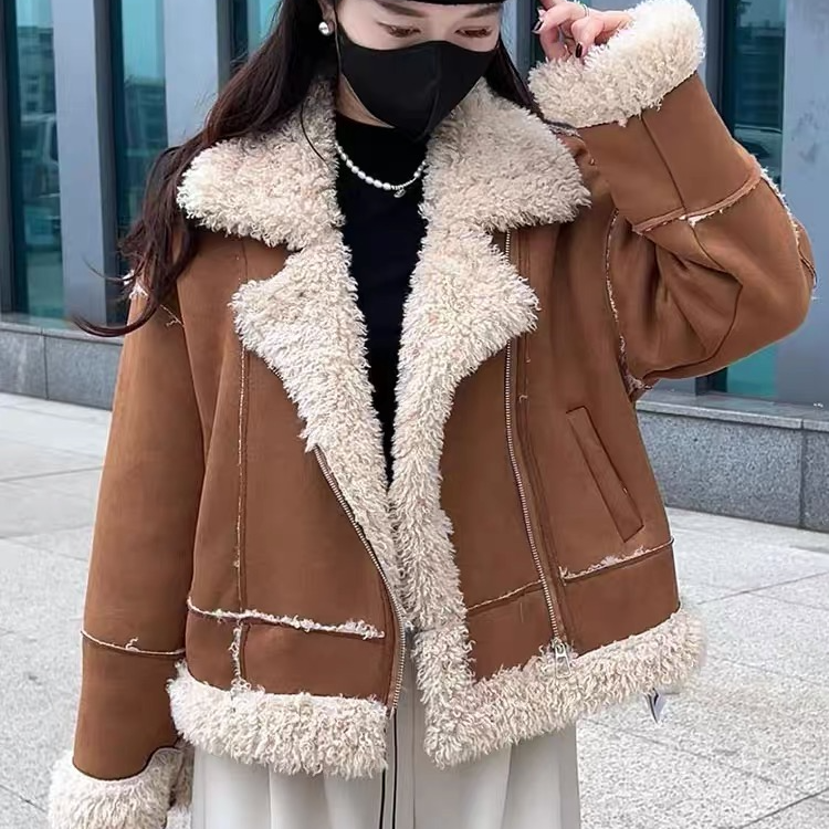 6515#皮毛一体短外套女2024冬季新款洋气翻领加绒保暖夹克上衣