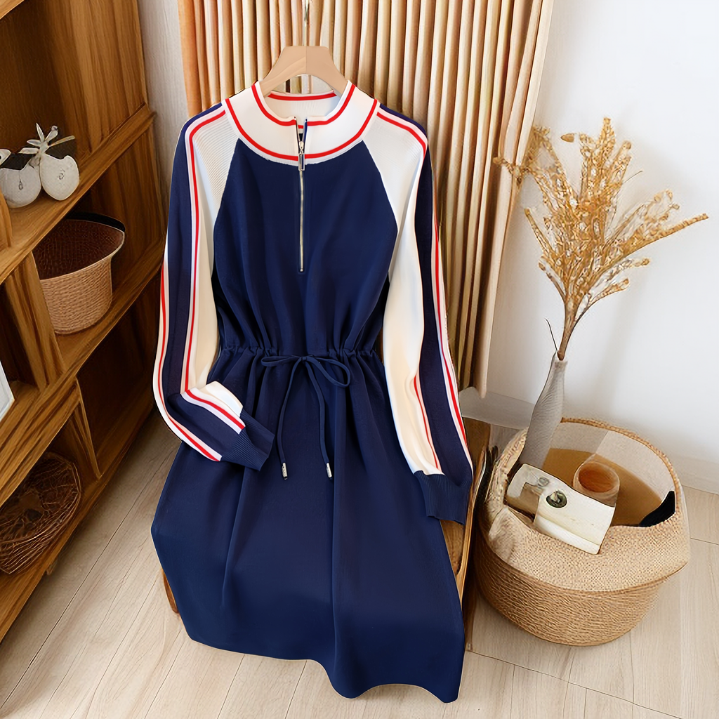 冬季气质修身简约撞色圆领连衣裙通勤百搭系带收腰中长款针织裙