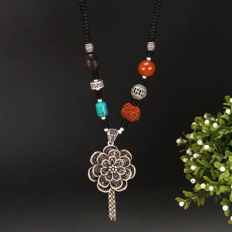 合金项链 民族风哑银锁骨链编织绳吊坠时来运转花毛衣链气质百搭