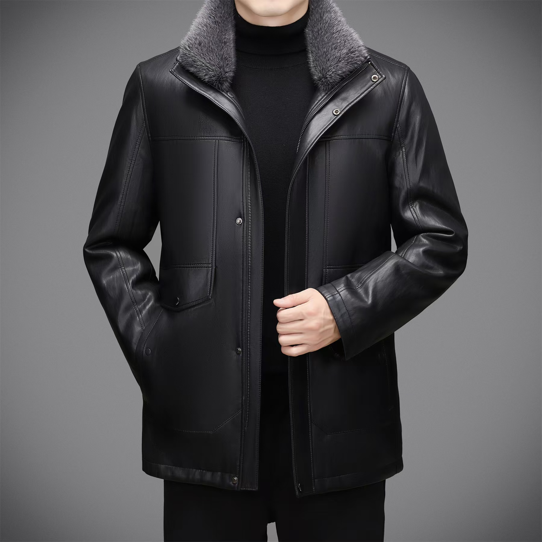 2429男士冬季可脱卸款保暖中长款皮外套