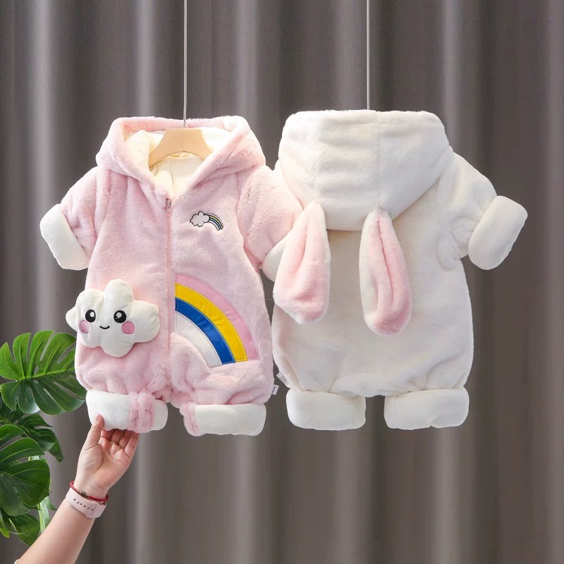 新款婴儿连体衣保暖加厚套装秋冬季男女宝宝棉服毛哈衣夹棉外出服