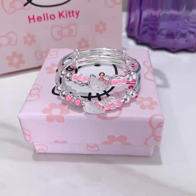 足银手镯 足银999.9宝宝卡通可爱滴油kt猫Hello猫咪女童粉手镯