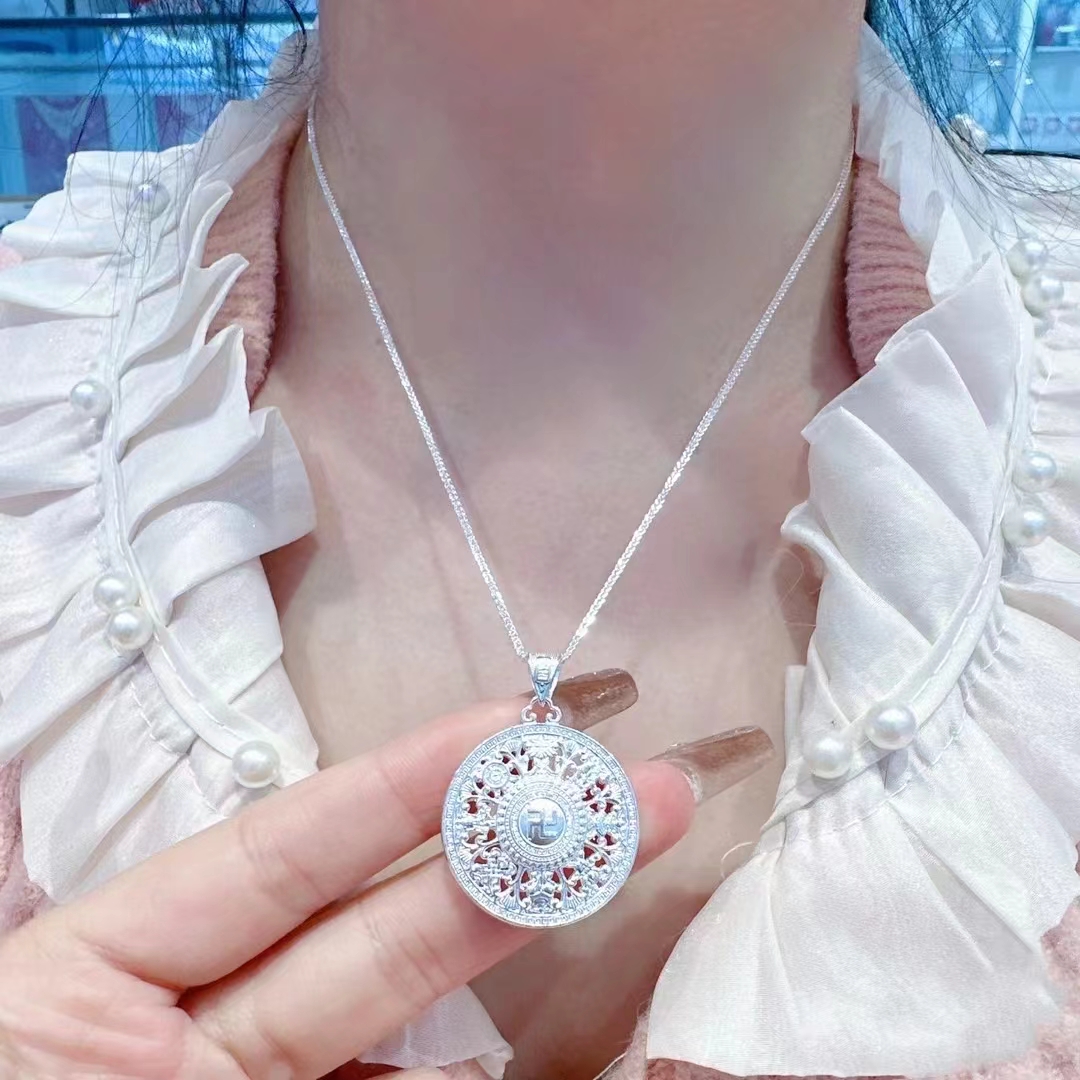 坠链均足银 足银999八宝罗盘新中式镂空花丝吊坠男女同款情侣双面