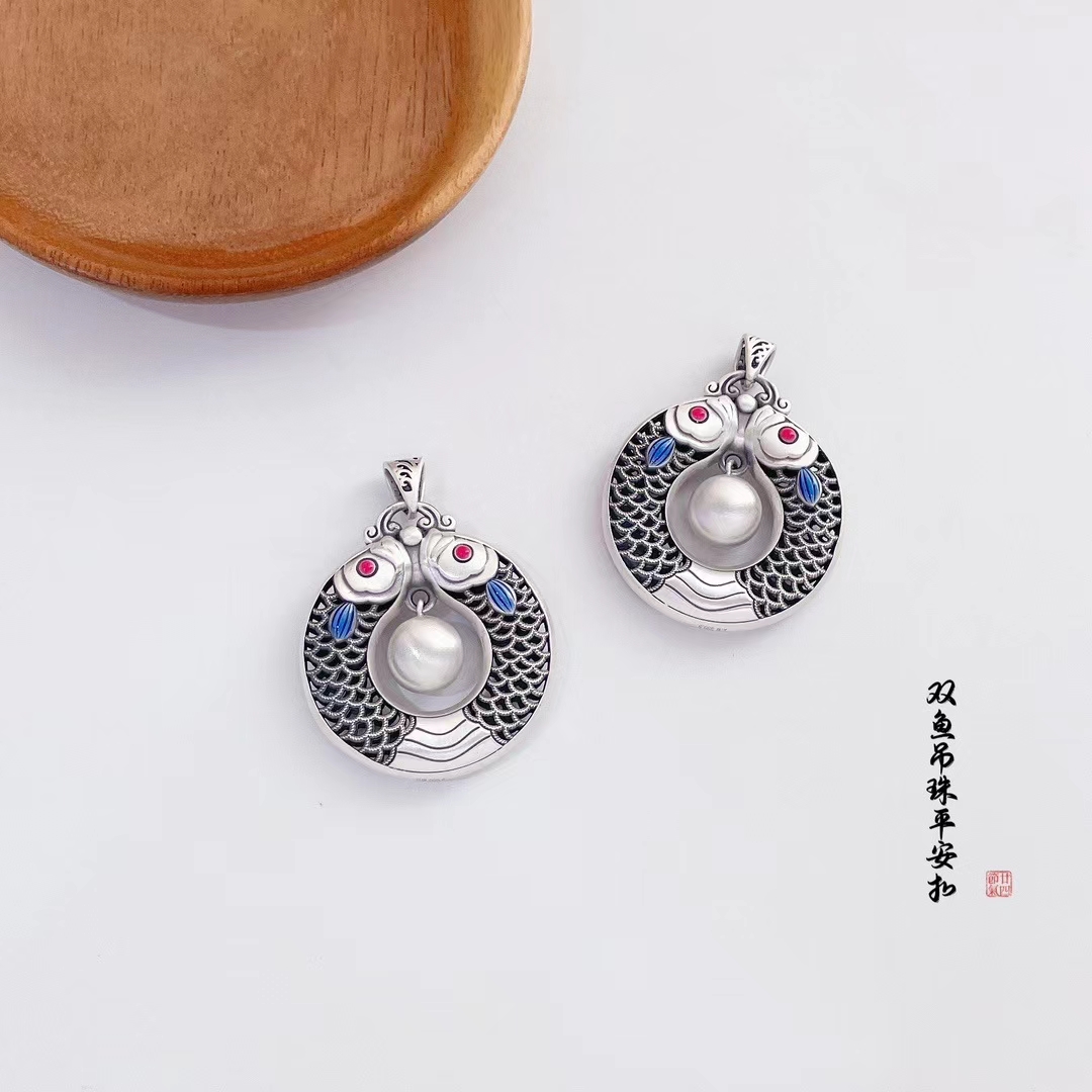 坠链均足银 足银999双鱼吊珠平安扣吊坠复古工艺古法挂坠古风烧蓝