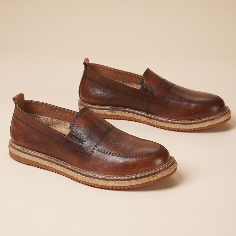 棕色复古真皮单鞋套脚豆豆鞋一脚蹬乐福鞋头层牛皮英伦休闲皮鞋潮