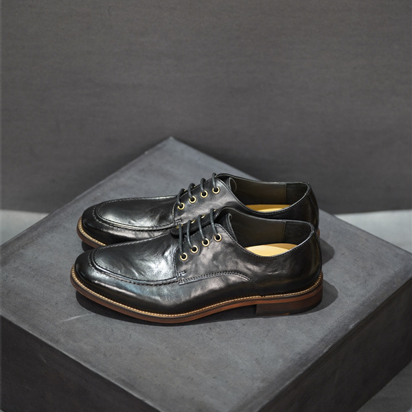 时尚英伦风皮鞋韩版百搭休闲男皮鞋系带商务复古真皮手抓纹男士鞋