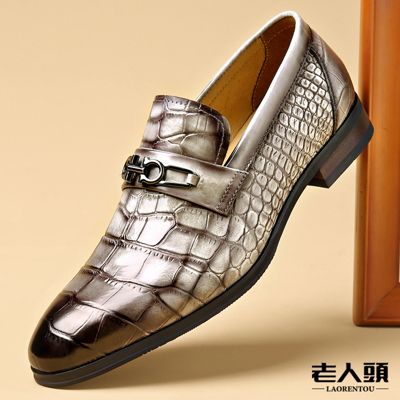 老人头高端轻奢休闲男皮鞋夏季透气时尚潮流鳄鱼纹英伦风尖头皮鞋