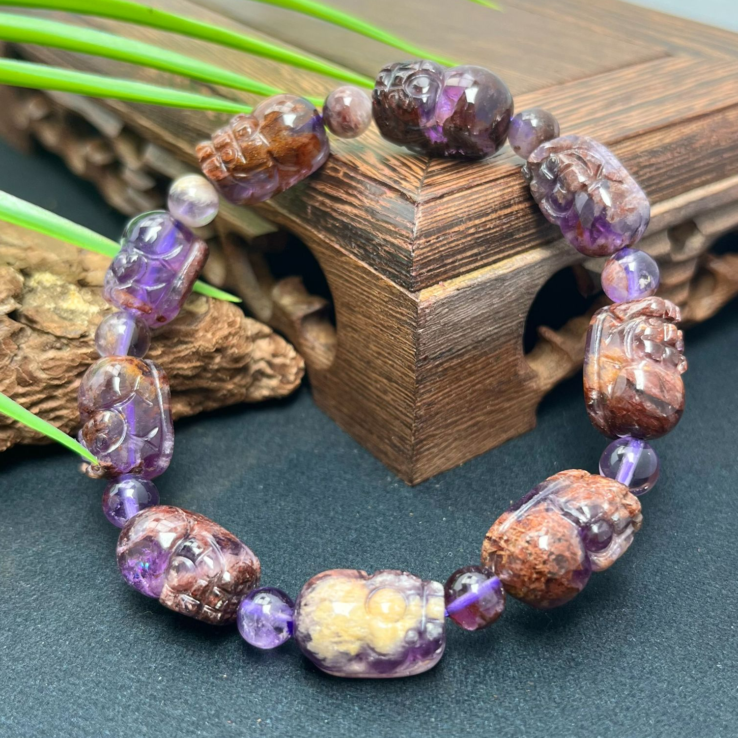 天花板九紫离火天然异象水晶 紫幽灵貔貅手串9mm+ FX-3811