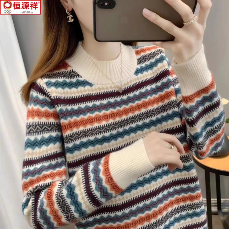 恒源祥彩羊100纯羊毛衫女半高领毛衣秋冬提花妈妈大码针织羊绒衫