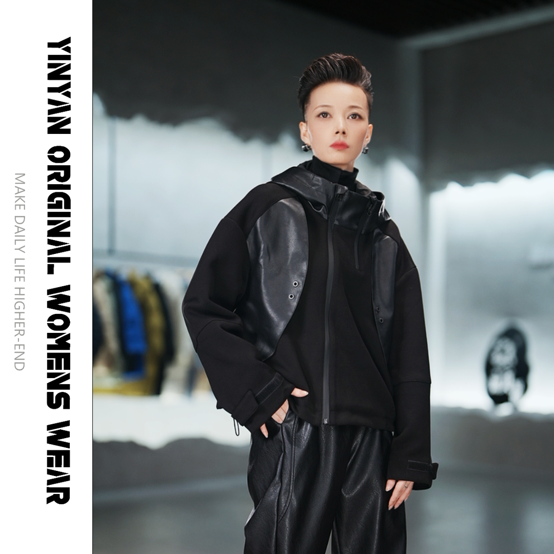 【三姐轻奢】秋冬2023新款欧货拼皮夹克连帽宽松洋气短款外套女装