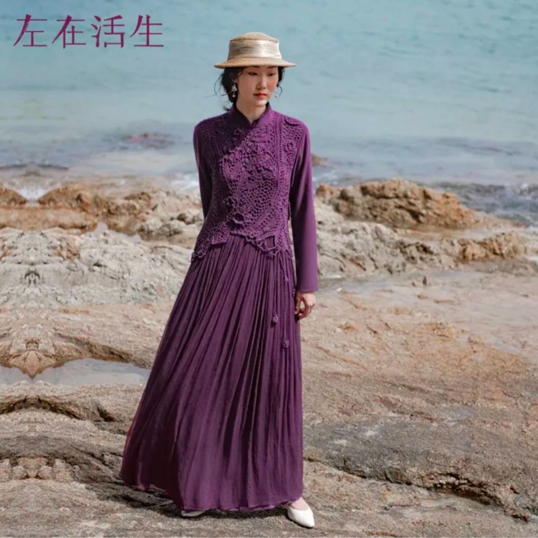 生活在左手工钩花长袖拼真丝复古优雅显瘦连衣裙1902462-1961188