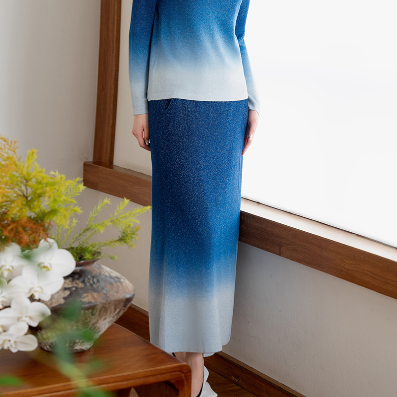 生活在左粉色渐变毛织2024春夏新品新中式半裙1941241