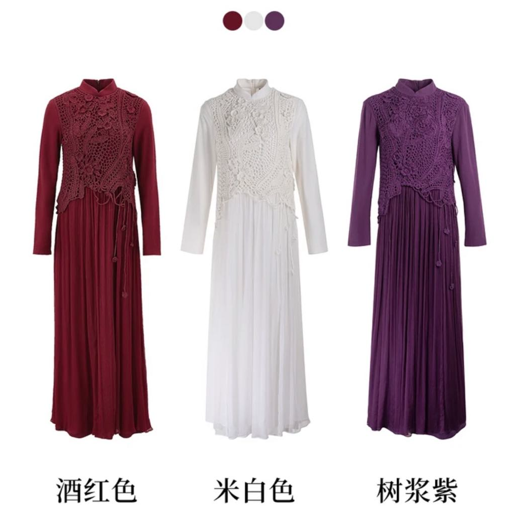 生活在左酒红色手工钩花长袖拼真丝复古优雅显瘦连衣裙子1902462