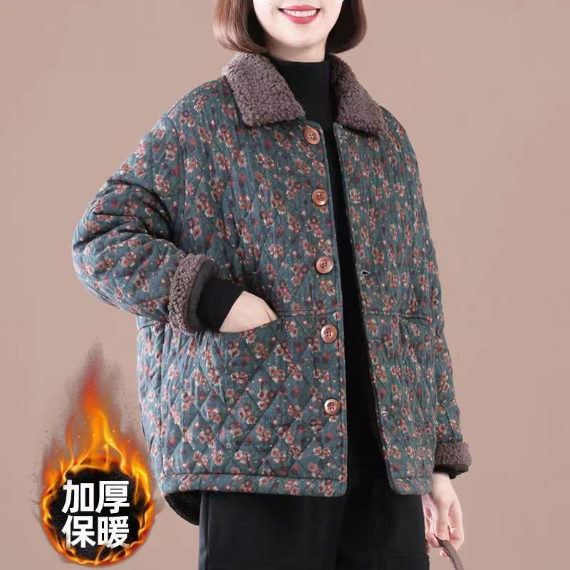 2023冬季新款复古短款碎花棉衣加绒毛领妈妈装翻领大码棉袄外套女