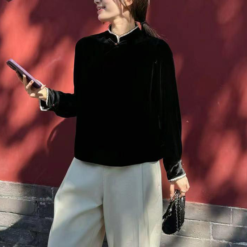 新中式国风女装盘扣丝绒上衣2024秋冬新款复古小个子百搭休闲衬衫