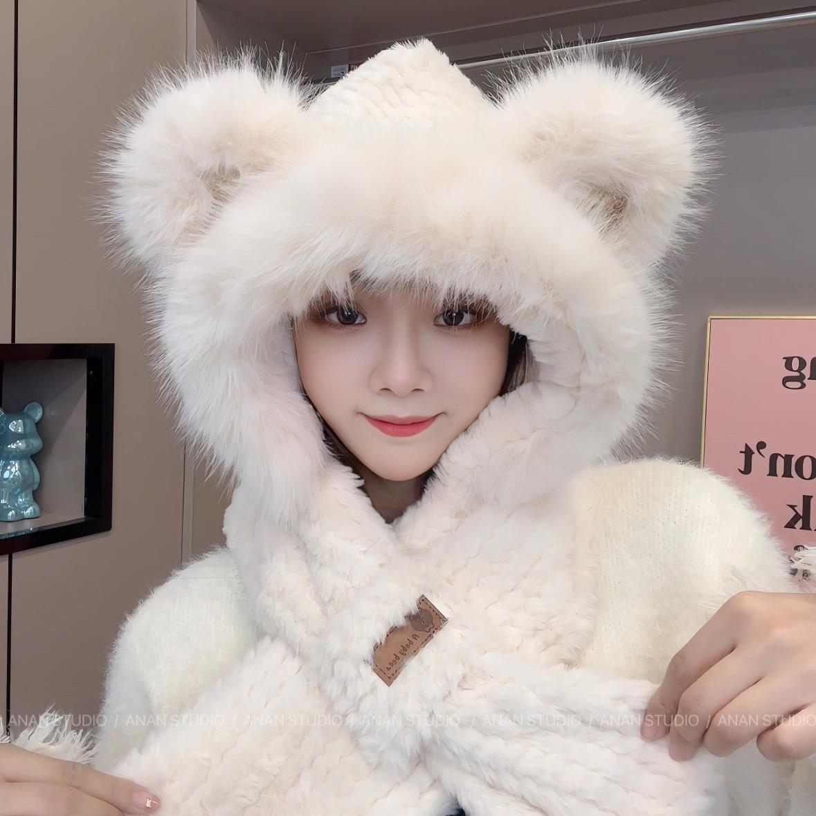 毛绒可爱小熊耳朵护耳帽子女秋冬加厚保暖包头帽防寒毛茸雷锋帽潮