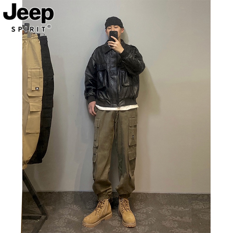 配马丁靴的裤子男春秋美式复古痞帅高街伐木裤束脚重磅伞兵工装裤