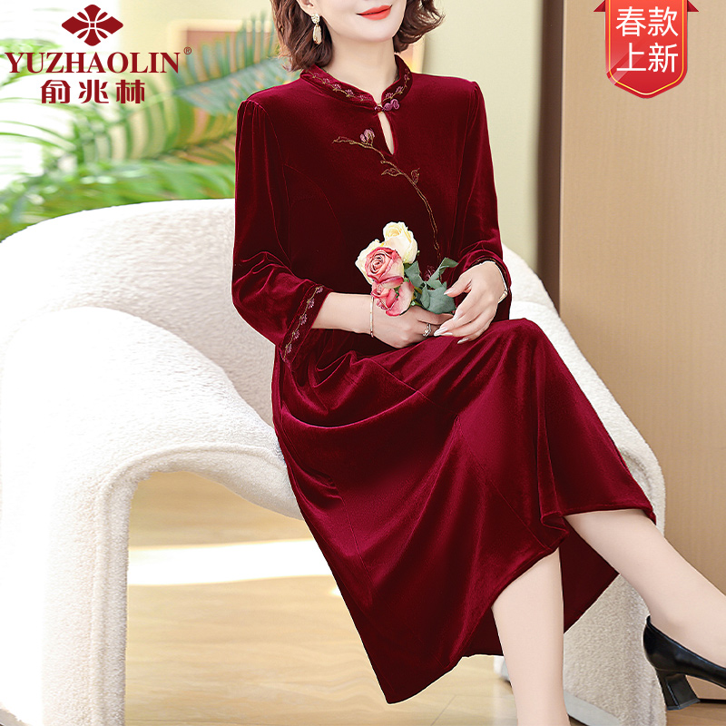 中年妈妈装连衣裙子春季新款中老年人女大码长袖春秋款显瘦中长款