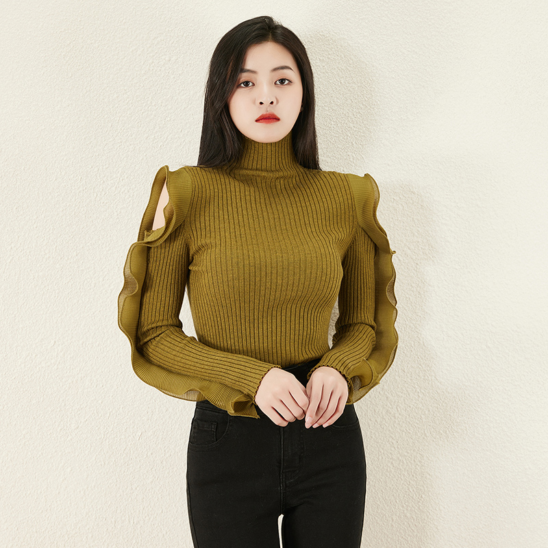  【库色KUSE】荷叶边高领针织衫紧身百搭高腰打底时尚打底衫TH0064