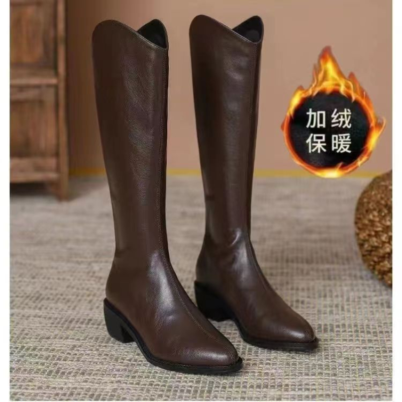 真皮洋气长靴秋冬新款尖头棉靴女西部牛仔显瘦骑士靴