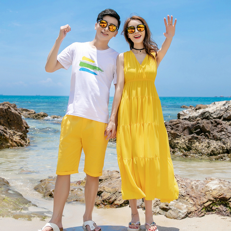 海边情侣装夏装清凉沙滩度假一裙一衣高级感夏季长裙男款套装黄色