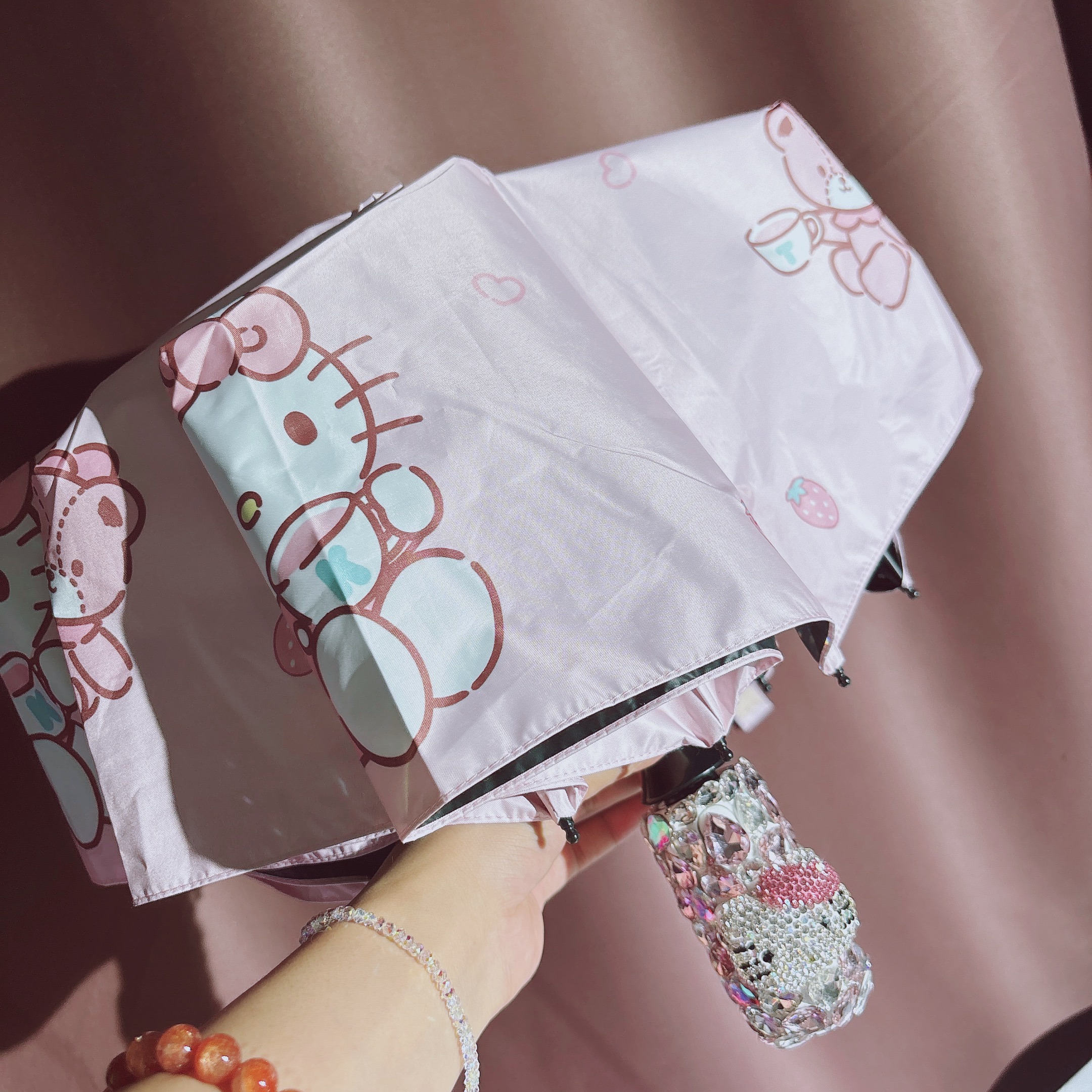 339手工DIY把手镶钻晴雨2用黑胶布自动按钮大款印花雨伞小清新