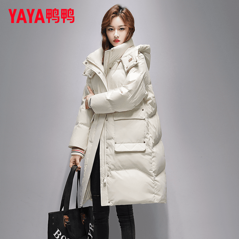 YAYA/鸭鸭冬季羽绒服女中长款连帽时尚百搭户外防风加厚保暖外套