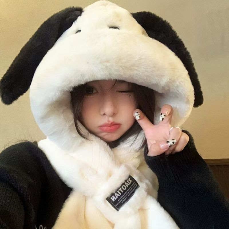 帽子围巾一体冬季保暖帽女可爱小狗毛绒加厚围巾手套一体保暖