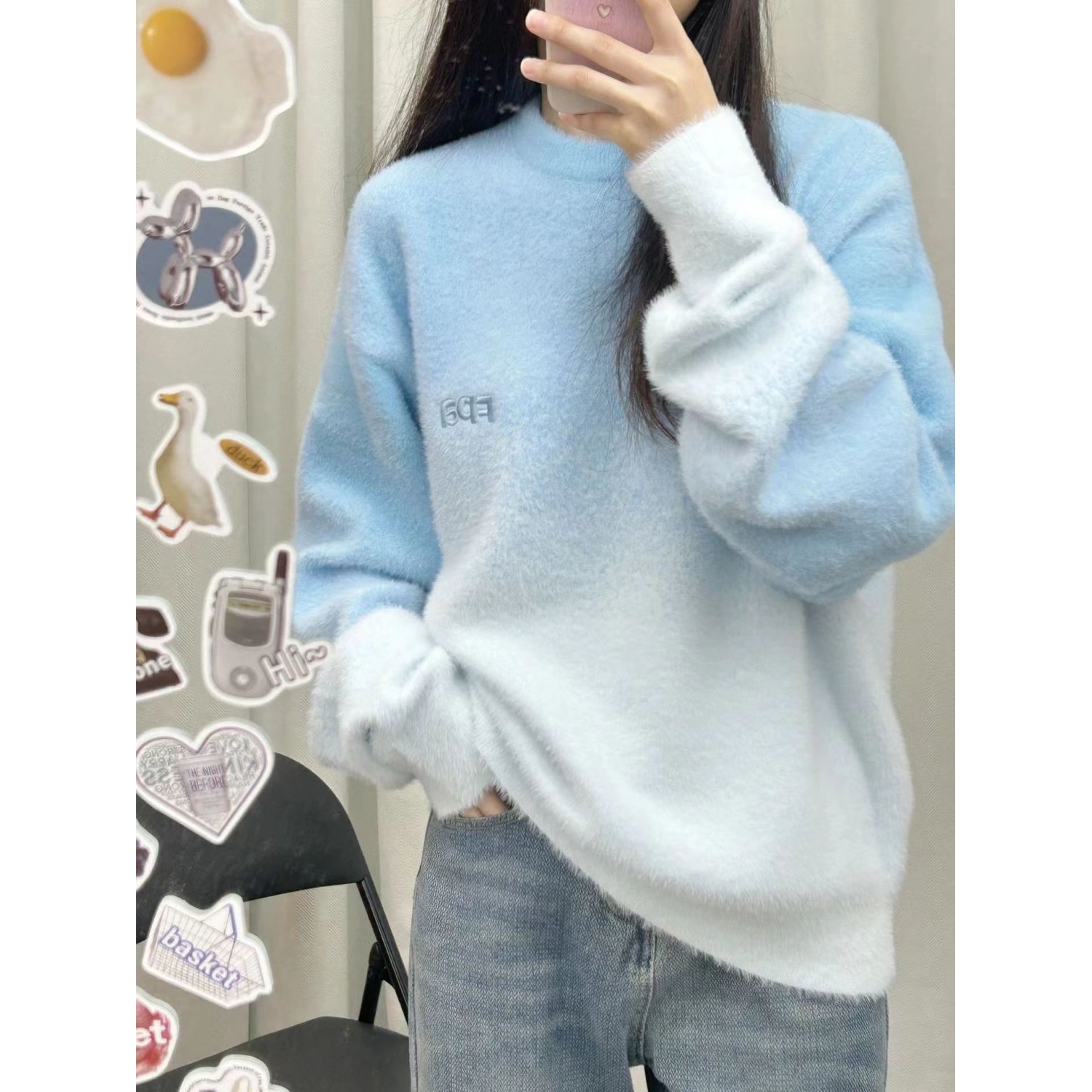 韩版慵懒风薄款奶蓝色针织衫毛衣女学生新款oversize宽松外穿上衣