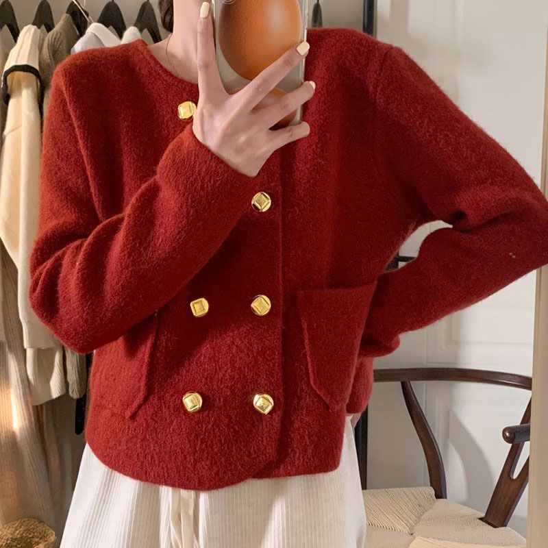 小香风双排扣针织毛衣女装秋冬2023新款法式洋气外穿短款长袖开衫