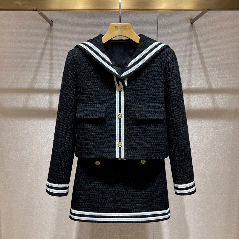 可盐可甜炸街套装2025秋季新款撞色海军领外套半身裙小香风两件套