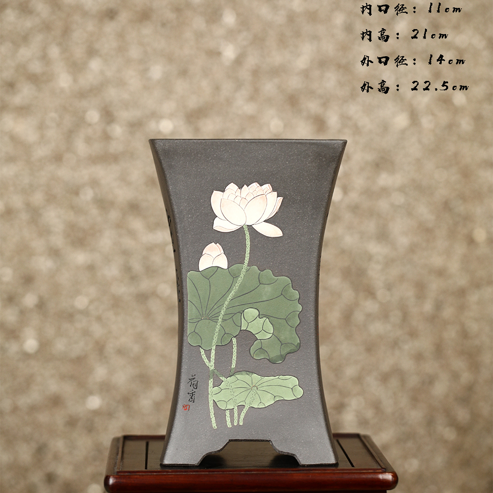 李超精品紫砂高温原矿青灰泥四方收腰签筒泥绘刻绘春兰寒兰花盆