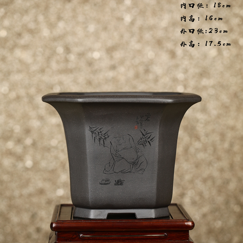 李超精品紫砂原矿高温青灰泥切角四方兰花盆景花卉绿植室内简约