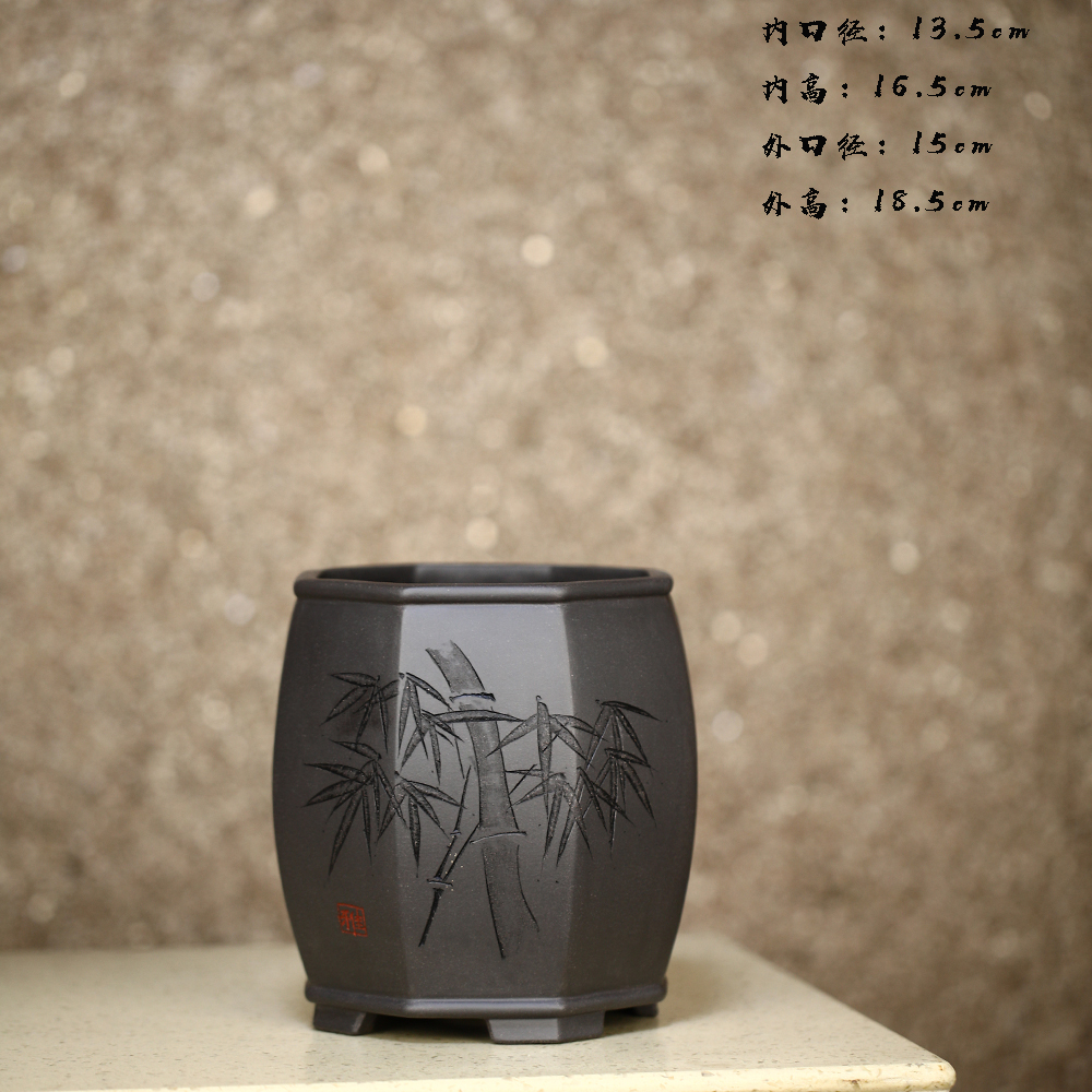 李超精品原矿紫砂青灰泥八方鼓盆竹子刻绘春兰蝴蝶兰竹子室内绿植
