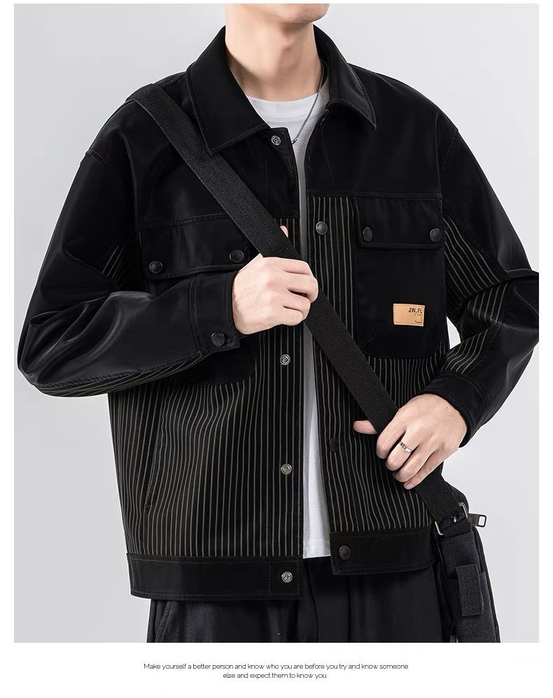 秋冬新款男士男款皮夹克条纹刺绣韩版潮流休闲修身型经典百搭